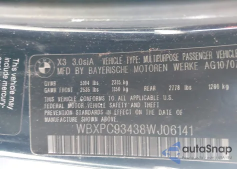 2008 BMW X3 3.0Si from USA, damaged, VIN WBXPC93438WJ06141